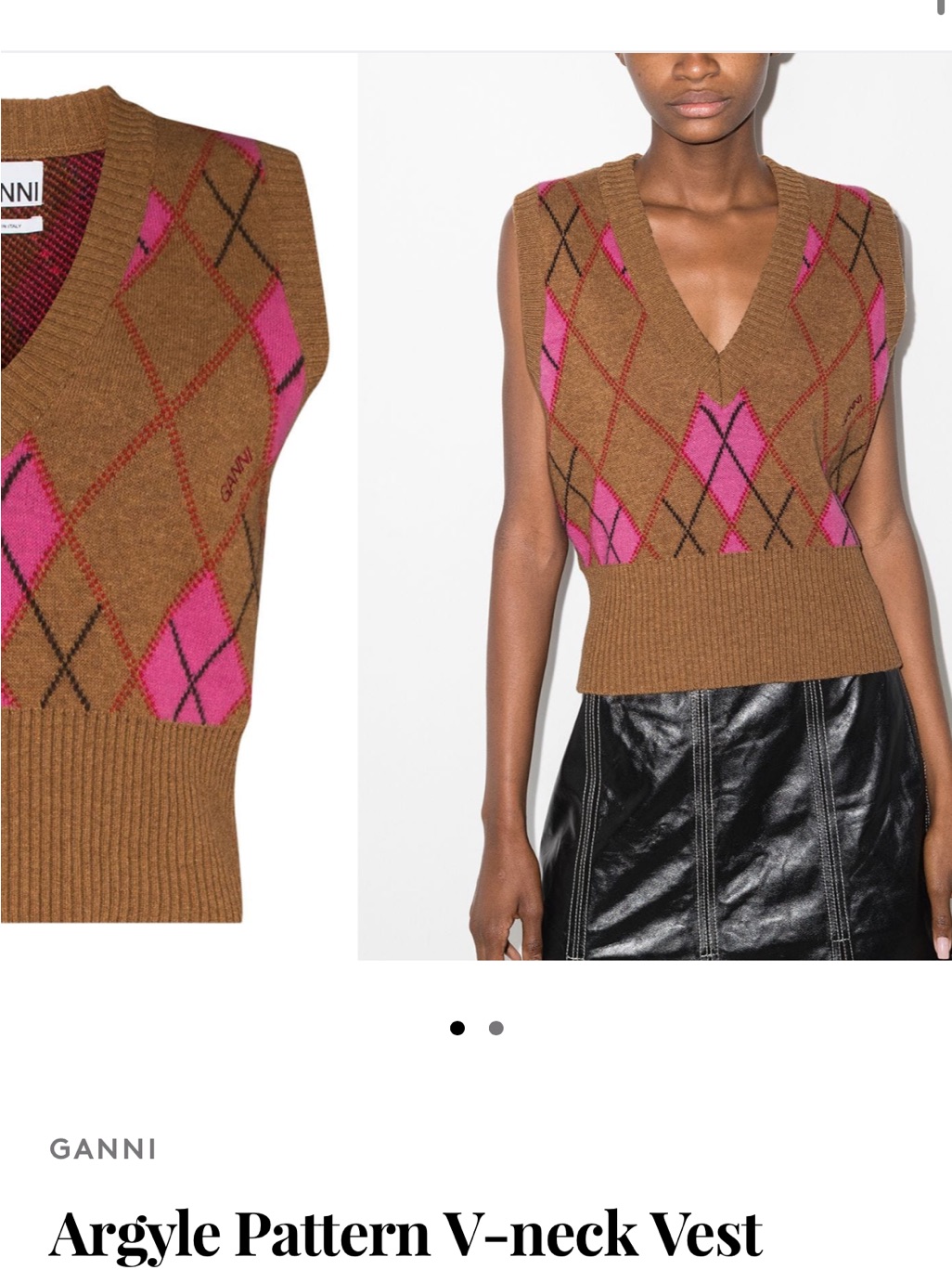 Ganni Brown & Pink Argyle V-Neck Sweater Vest